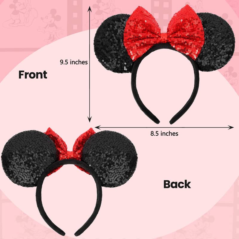 ETLUK Mouse Ears Headband, Mouse Ears Sequin Bow Headbands for Women Girls, Cosplay Accessories Party Decorations (Red Bow) - Image 2